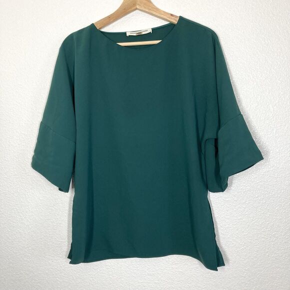 Amanda Uprichard Shirt Womens Medium Green Boat Neck Kimono Sleeve Side Slit - Picture 1 of 12